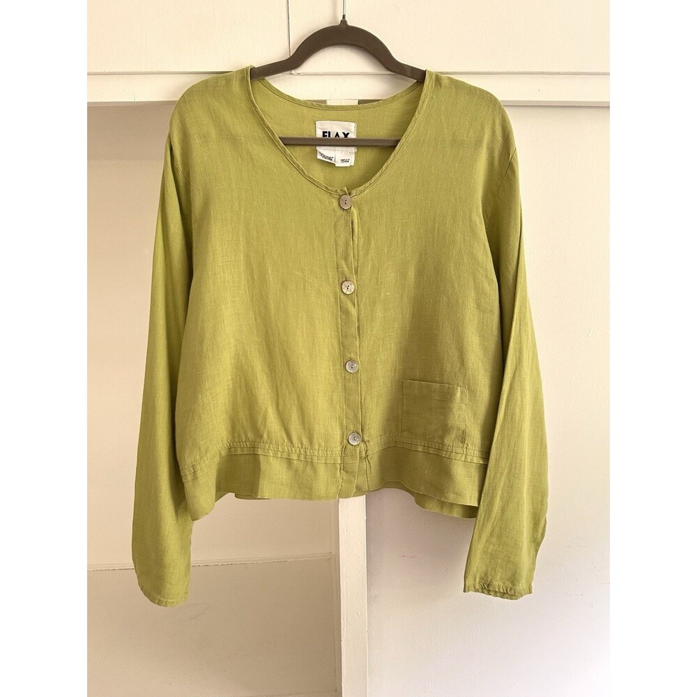 FLAX Womens Green Woven Linen Lagenlook Boho Long Sleeve Button Up Top Sz L - Picture 2 of 10